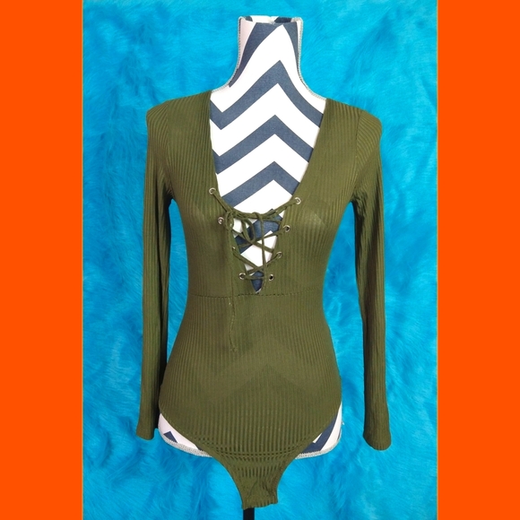 Olive lace up onesie bodysuit - Picture 1 of 4